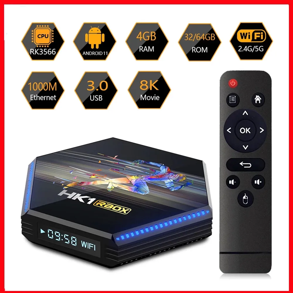 ТВ-приставка HK1 RBOX R2 Android 11 0 4/8 ГБ ОЗУ 32/64 Гб ПЗУ RK3566 поддержка 8K HD 2 4/5G Dual WiFi 1000M BT4.0