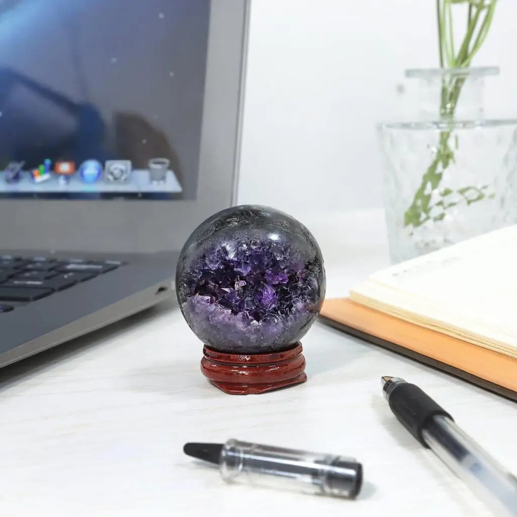 75-150g Natural Amethyst Geode Crystal Ball With Wooden Stand Healing Gemstone Sphere Reiki Cave For Home Decoration