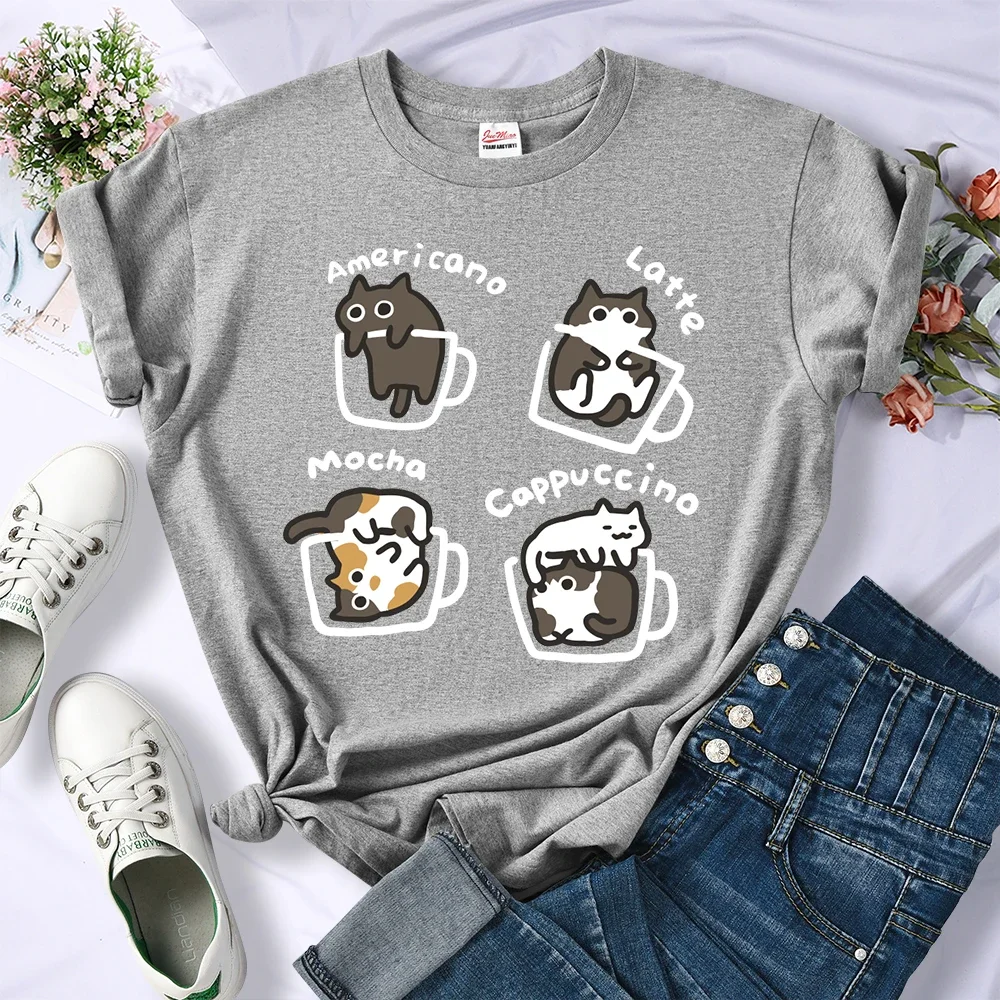 Cat Coffee Art Letter Printed T-shirt Women Breathable O-Neck Short Sleeve T Shirt Female Loose Streetwear Casual Clothes Tops 4