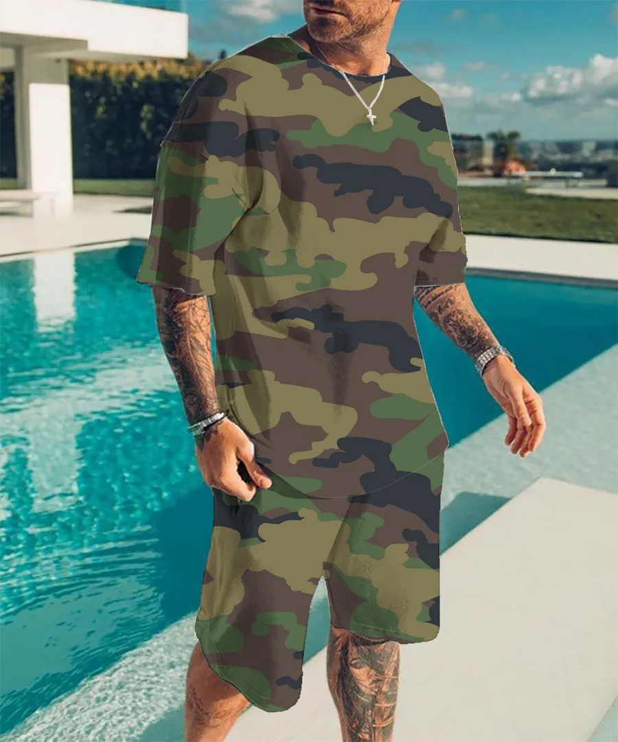 European and American Fashion Simple Men's Loose 3D Printing Short-sleeved Suit Sports and Leisure Round Neck Men's T-shirt Suit