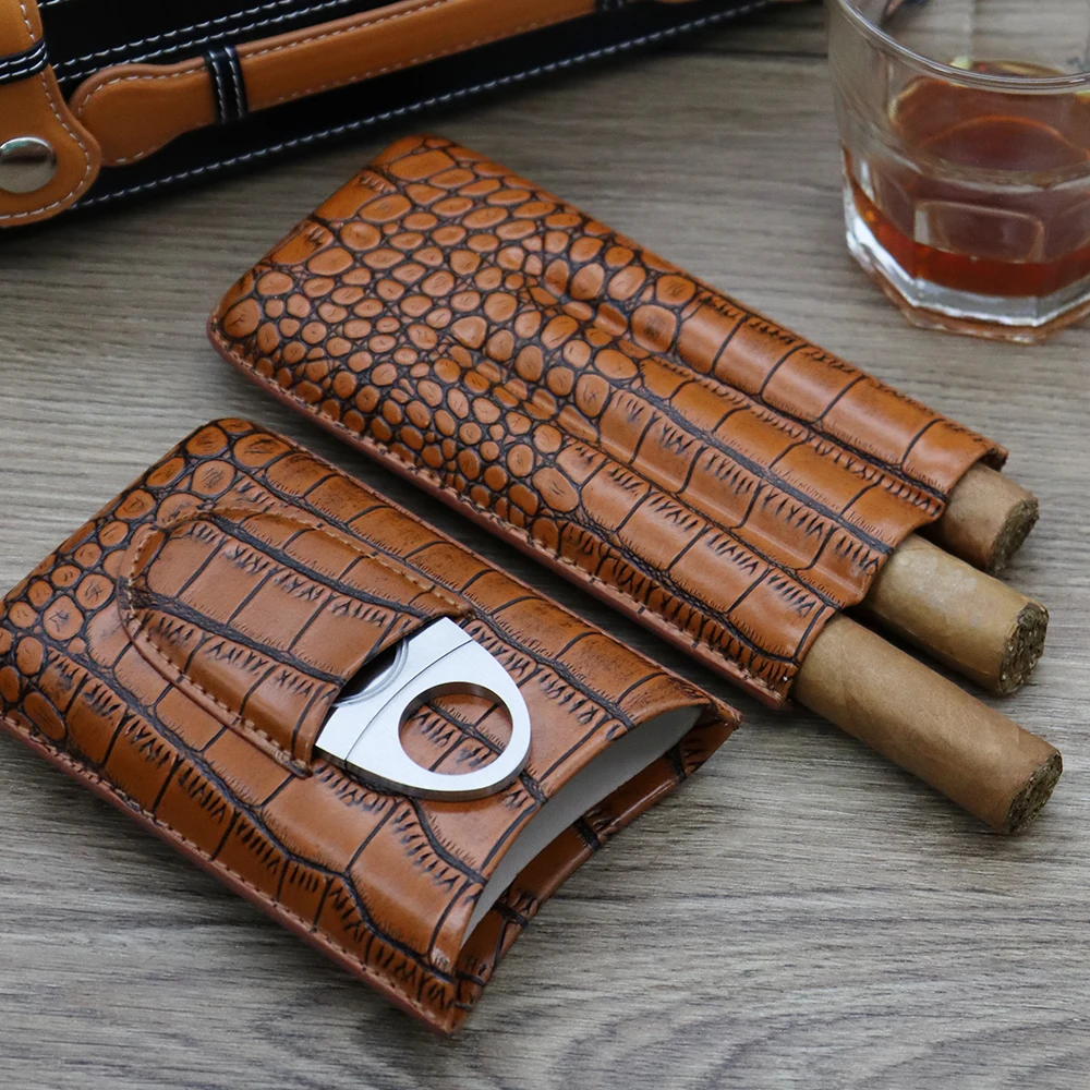 NEW Case with Cutter Cow Leather 3 Cigar Travel Carrying Case Smoking Pipe Humidor Box Bag Fit for COHIBA Cigars CE-013