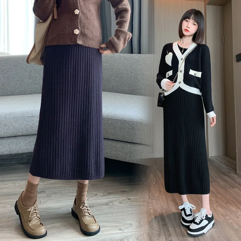 Fashion Maternity Clothes Office Ladfy Elegant Abdominal Knitted Skirts High Waist Pregnancy Pleated Skirts Formal