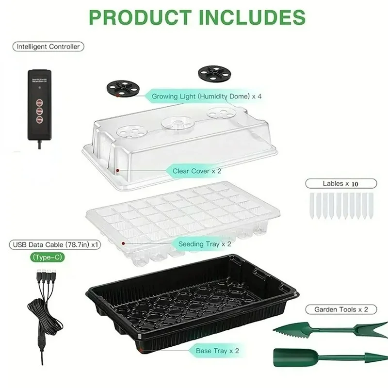2-Piece Seed Starter Kit With Grow Light 80-Cell Tray Adjustable Brightness Timer USB Powered