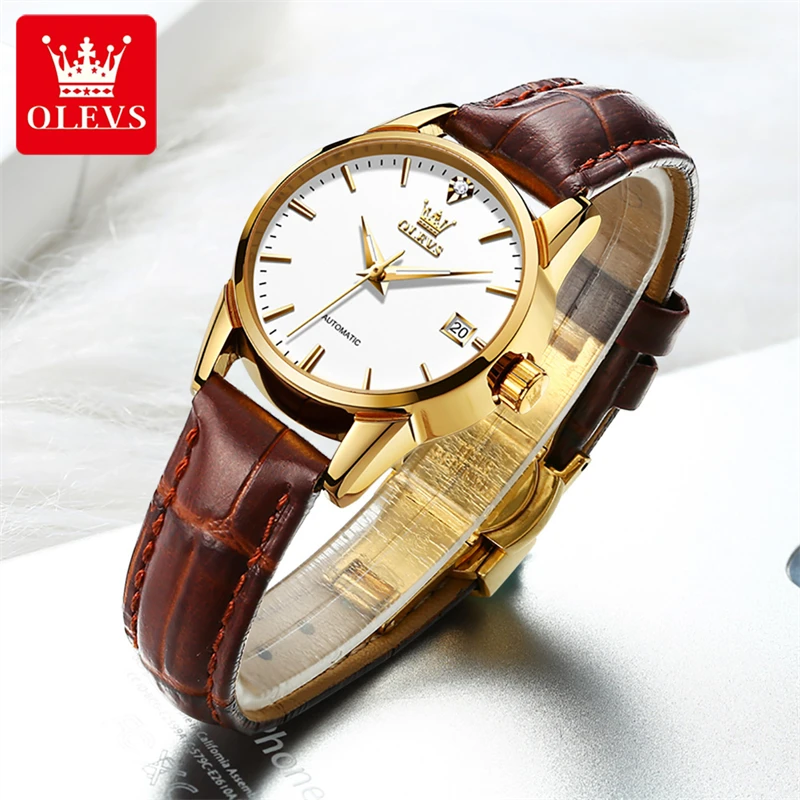 OLEVS Brand Luxury Mechanical Watch for Women Fashion Leather Waterproof Luminous Automatic Wristwatches Ladies Reloj Mujer