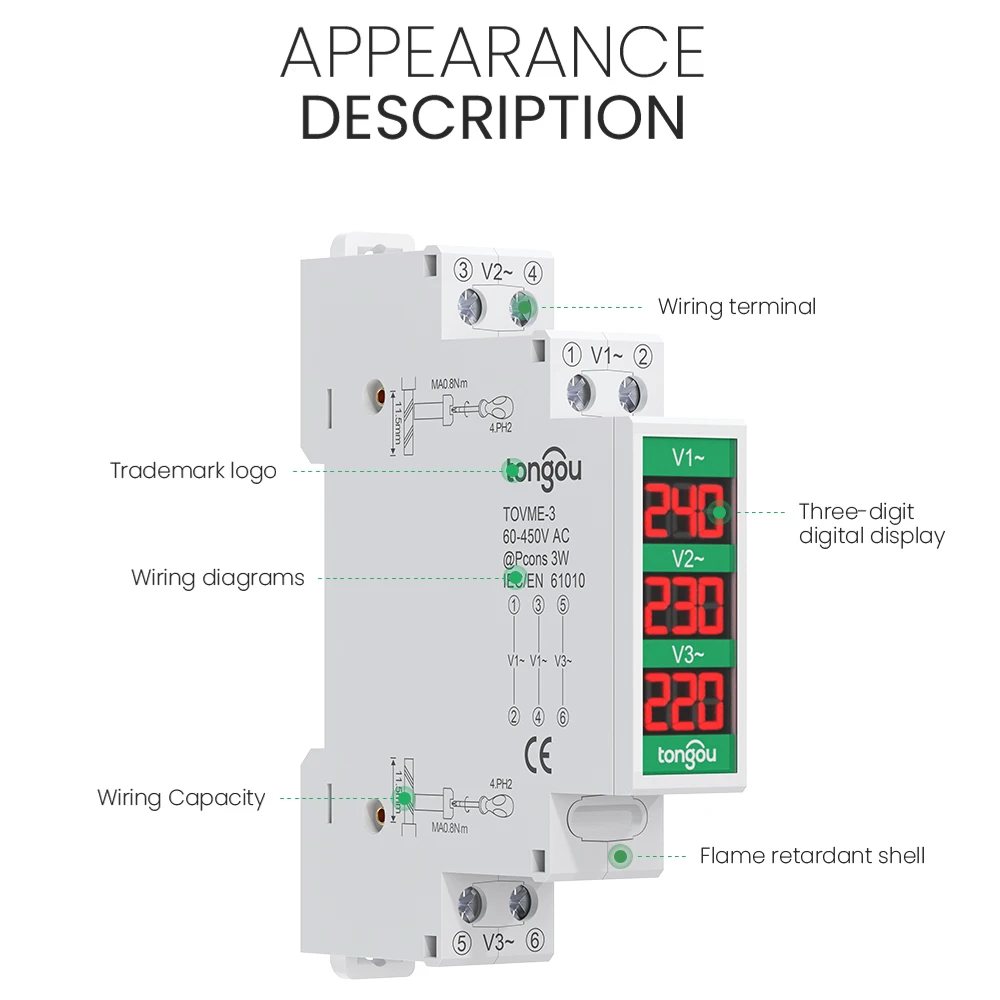 TONGOU ̴  а  ǥñ,   Ʈ, 3   跮, AC 60V-450V, LED  ÷ 