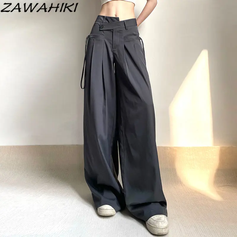 

Summer High Waist Irregular Design Wide Leg Pants Women Summer Solid Color Streetwear Bandage Pleated Loose Gray Ropa Mujer