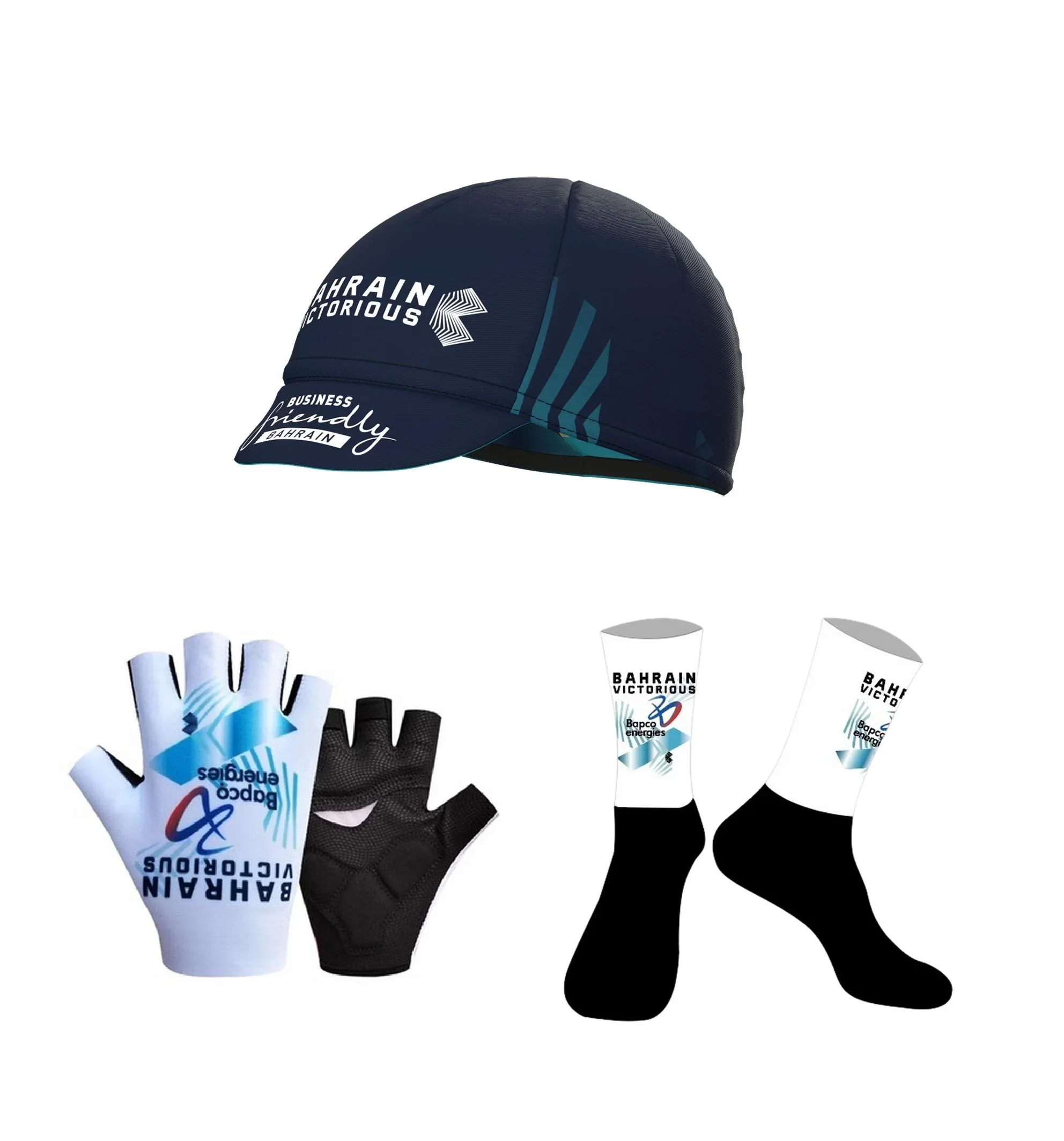 

2024 BAHRAIN Team One Pair Half Finger Cycling Gloves + ONE PAIR CYCLING SOCKS+ Polyester Caps