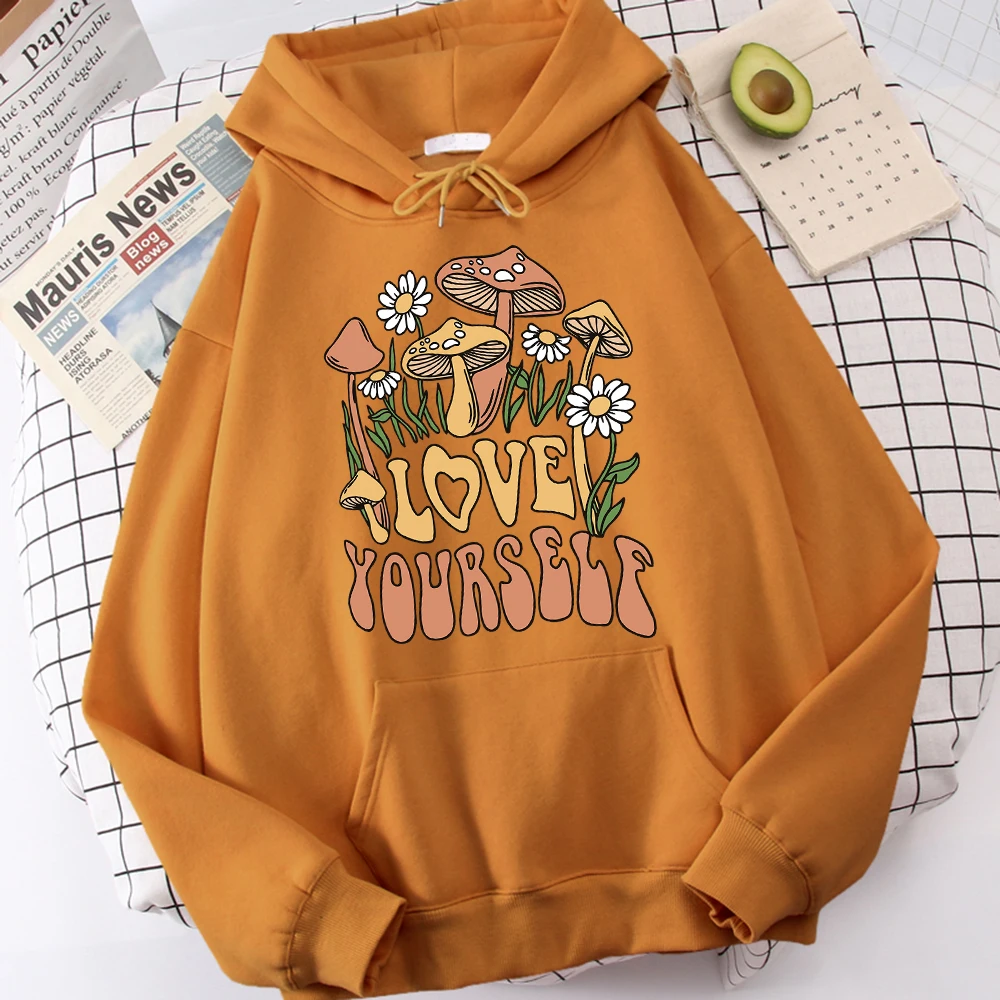 

Love Yourself Blooming Mushrooms And Flowers Men Hoodies Soft Oversized Hoodies Brand Hip Hop Clothing Daily Round Neck Tops
