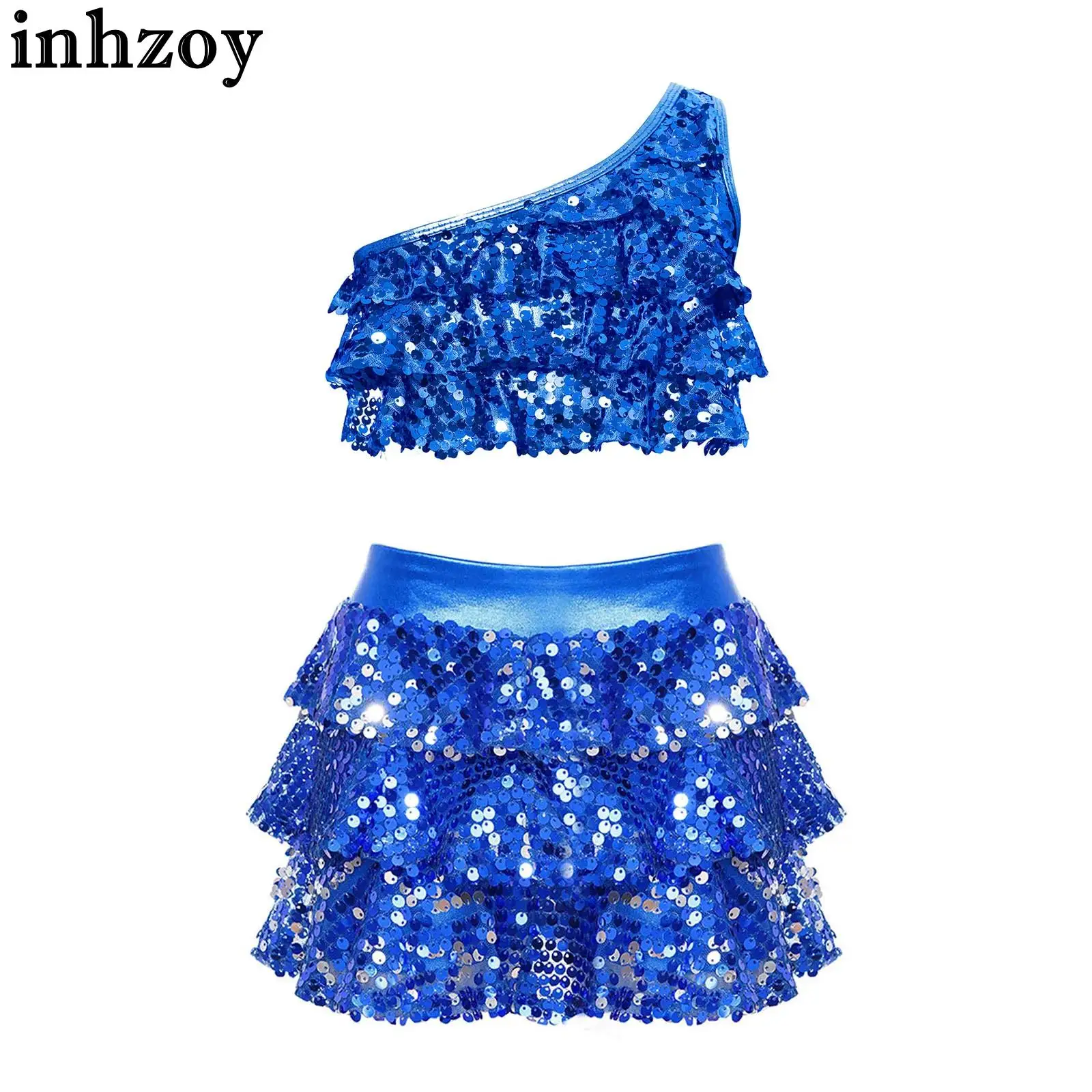 

Kids Girls Shiny Sequins Ballet Dance Clothes Sleeveless Tiered Crop Top with Skirt Ballroom Jazz Stage Performance Dancewear