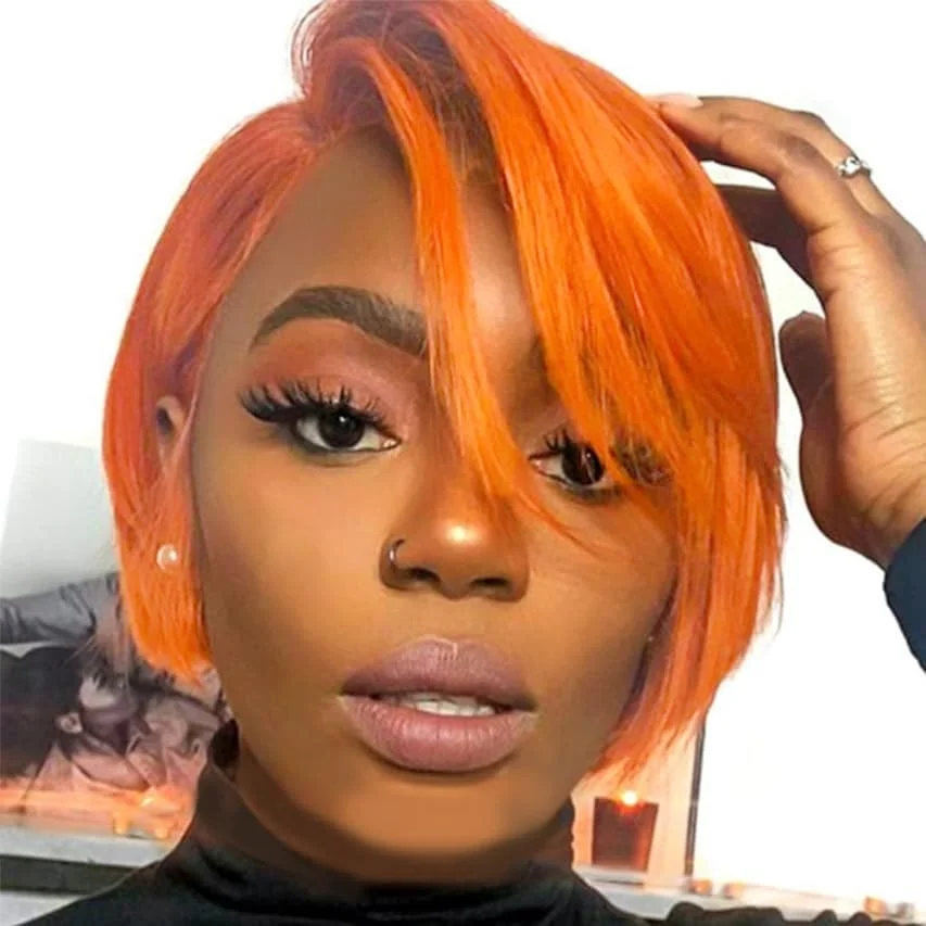 Orange Short Pixie Cut Wig Straight Human Hair Wigs Transparent 13x4x1 Lace Wig For Women Highlight Straight Pixie Cut