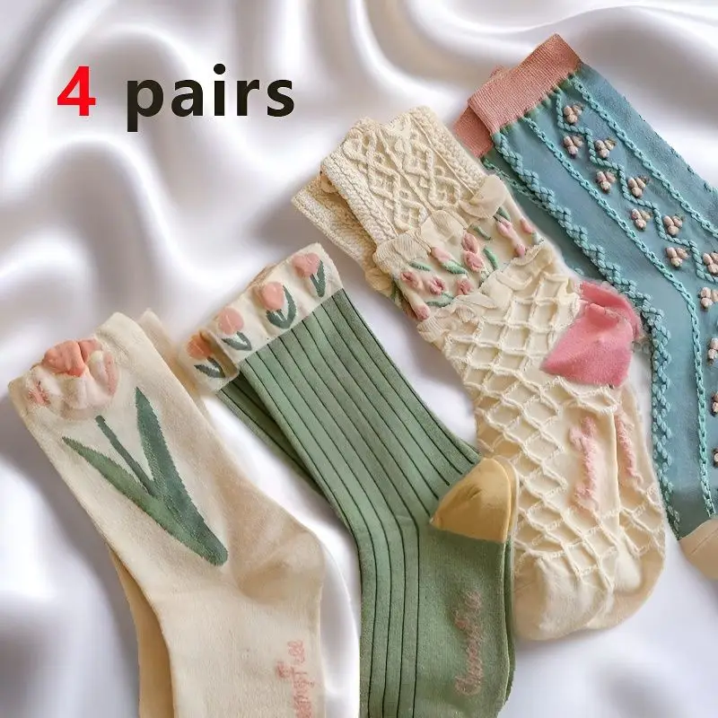 Floral Socks 4Pairs Women Cute
