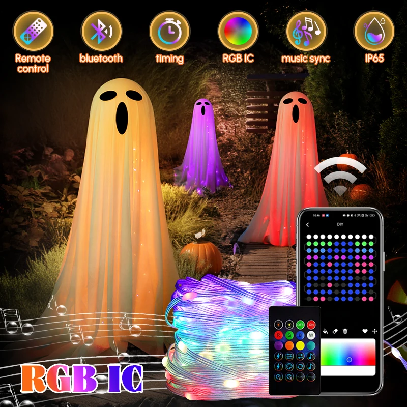 2 Pack Light Up Ghost Decor With Remote & String Lights – 8 Modes, Poseable Arms | Halloween