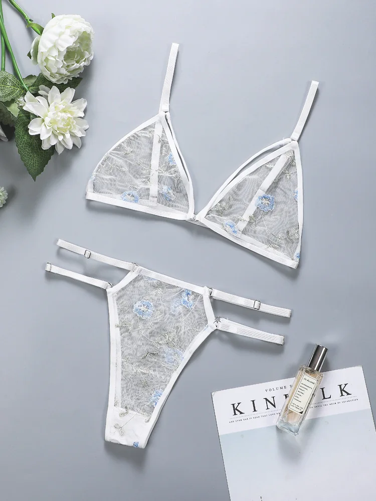 Intimo Completo sexy Reggiseno trasparente Donna 2 pezzi Ricamo floreale Completo intimo in pizzo senza reggiseno di supporto in acciaio_voghion.com