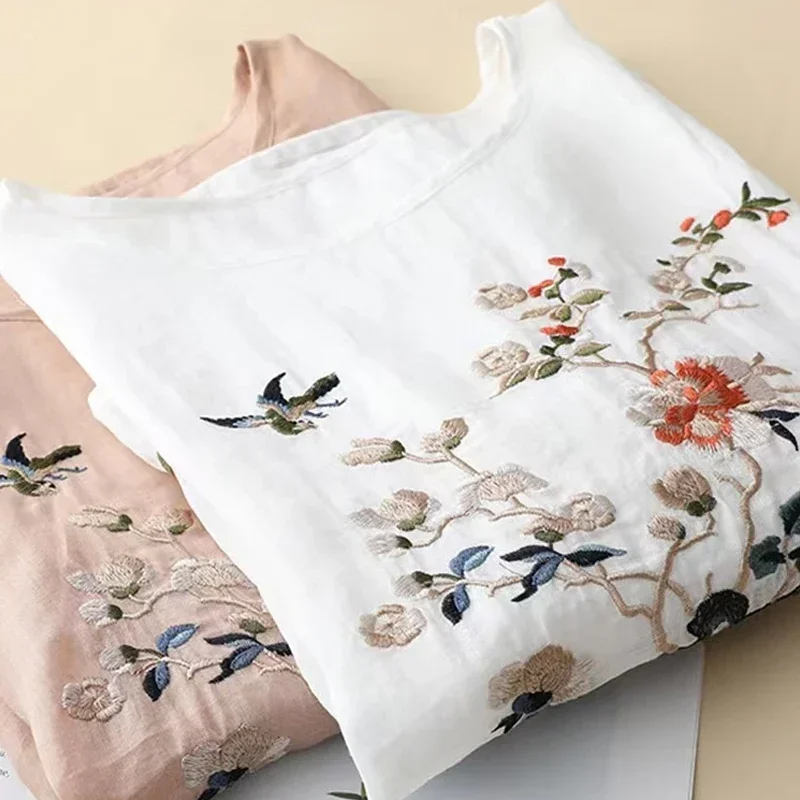 

Женская хлопковая блузка с коротким рукавом, круглым вырезом и вышивкой