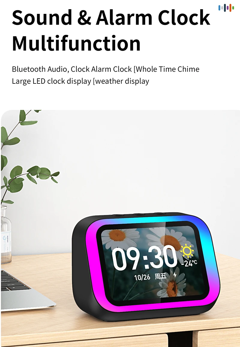 Smart Alarm Clock Bluetooth Speaker Weather Display Night Light Music Stories Player Photo Frame Perfect Gift Bluetooth APP