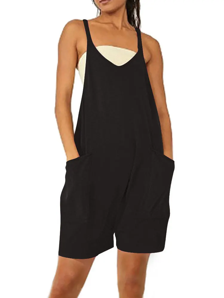 

2023 Summer Black Short Jumpsuit Women Overalls Romper Women Playsuit Pocket Loose Overalls For Women