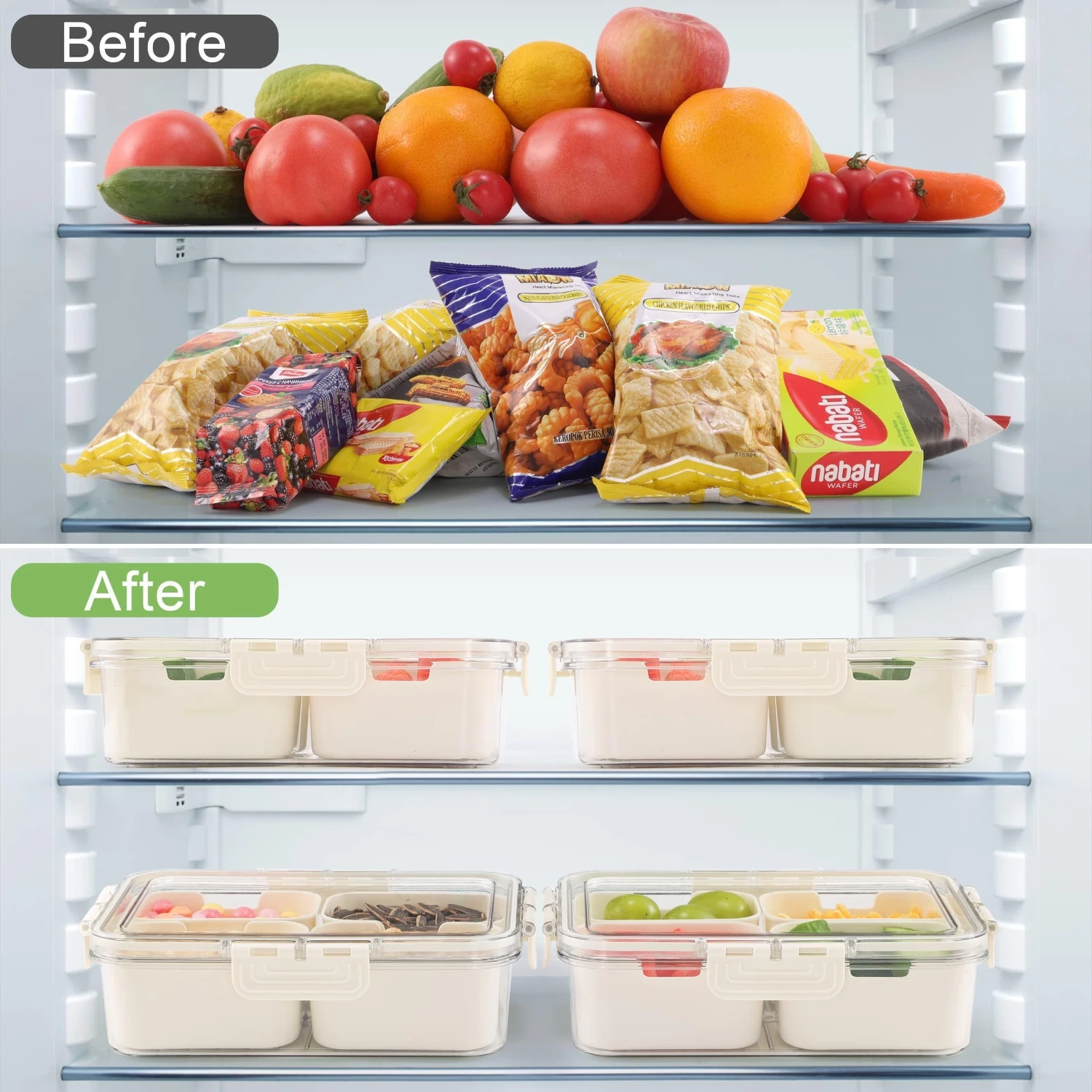 Multipurpose Plastic Food Container with Divided Sections-Reusable Square Snack Box with Flip-Top Closure for Candy, Vegetabl