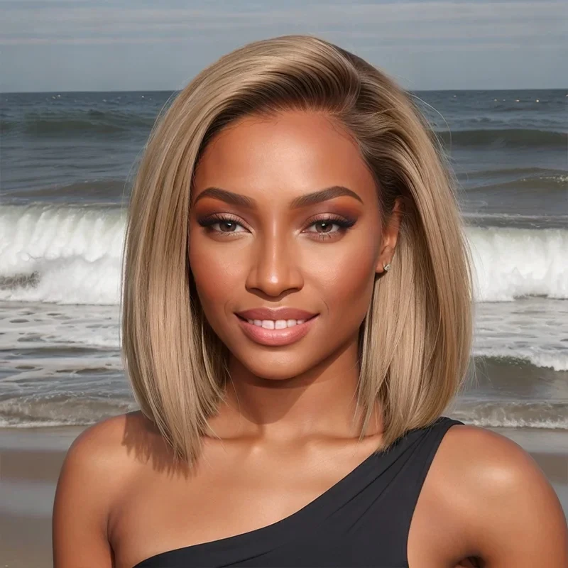 Women Human Hair Wig Light Ombred Brown Honey Blonde HD Lace Frontal Wigs Glueless Pre Plucked 13x4 Bob Straight Wig Small Mediu