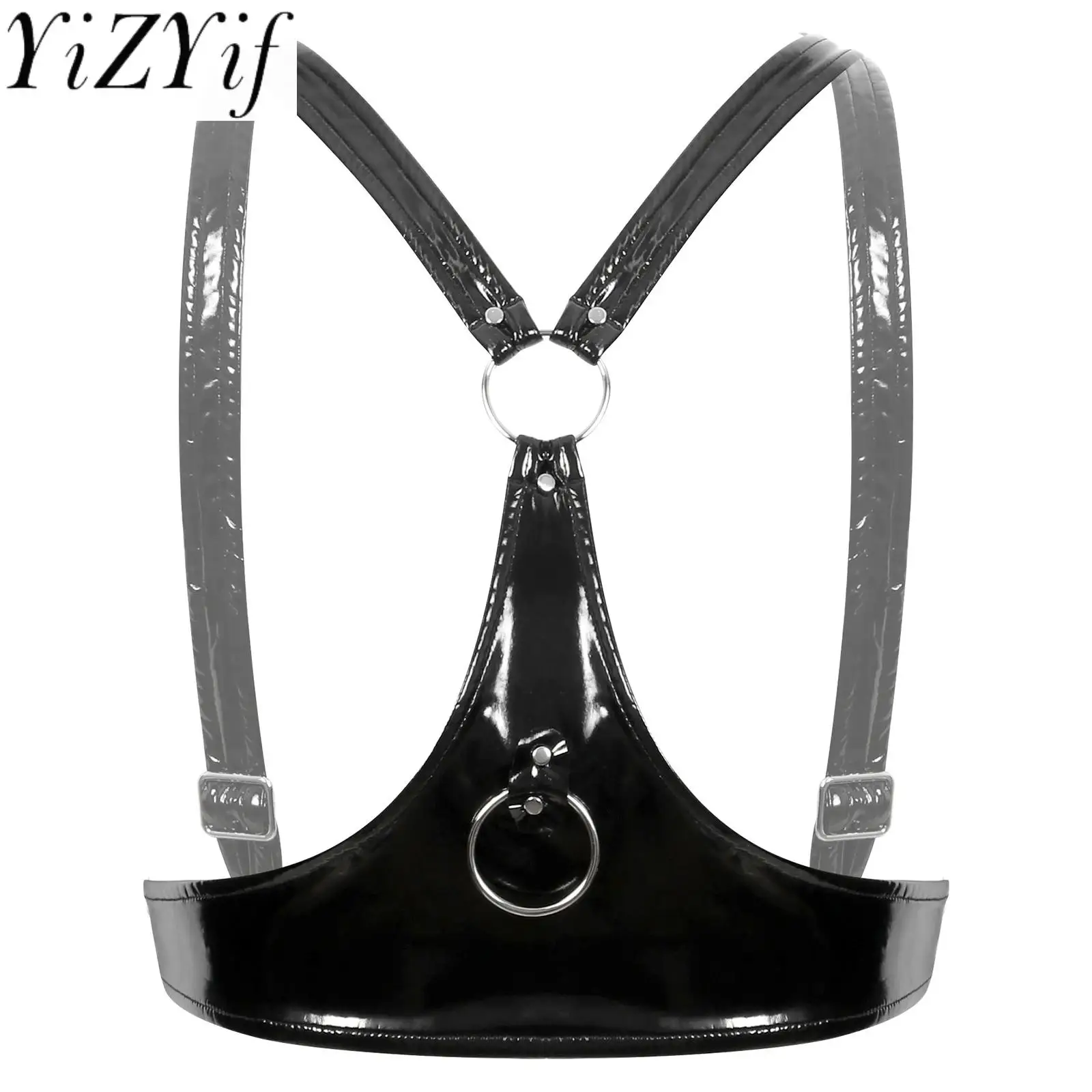 

Womens Exotic Bra Tops Open Cup Adjustable Wide Shoulder Straps Lingerie Tanks Wet Look Patent Leather O Ring Crop Top Clubwear