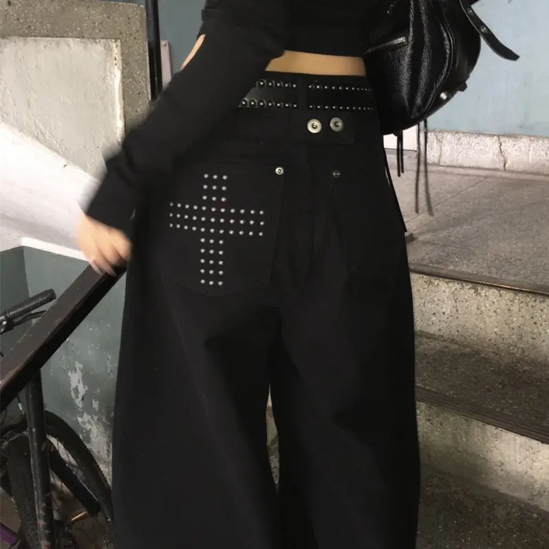 2026년 봄 시크 빈티지 루즈핏 크로스 리벳 캐주얼 팬츠 하이웨이스트 롱 레그 코튼 데님 나이프 블레이드 쉐입 캐주얼 트라우저