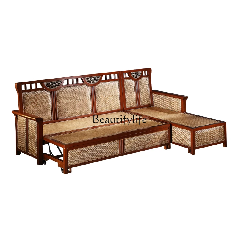 

Rattan Sofa Nordic Solid Wood Living Room Double Retractable Folding Bed