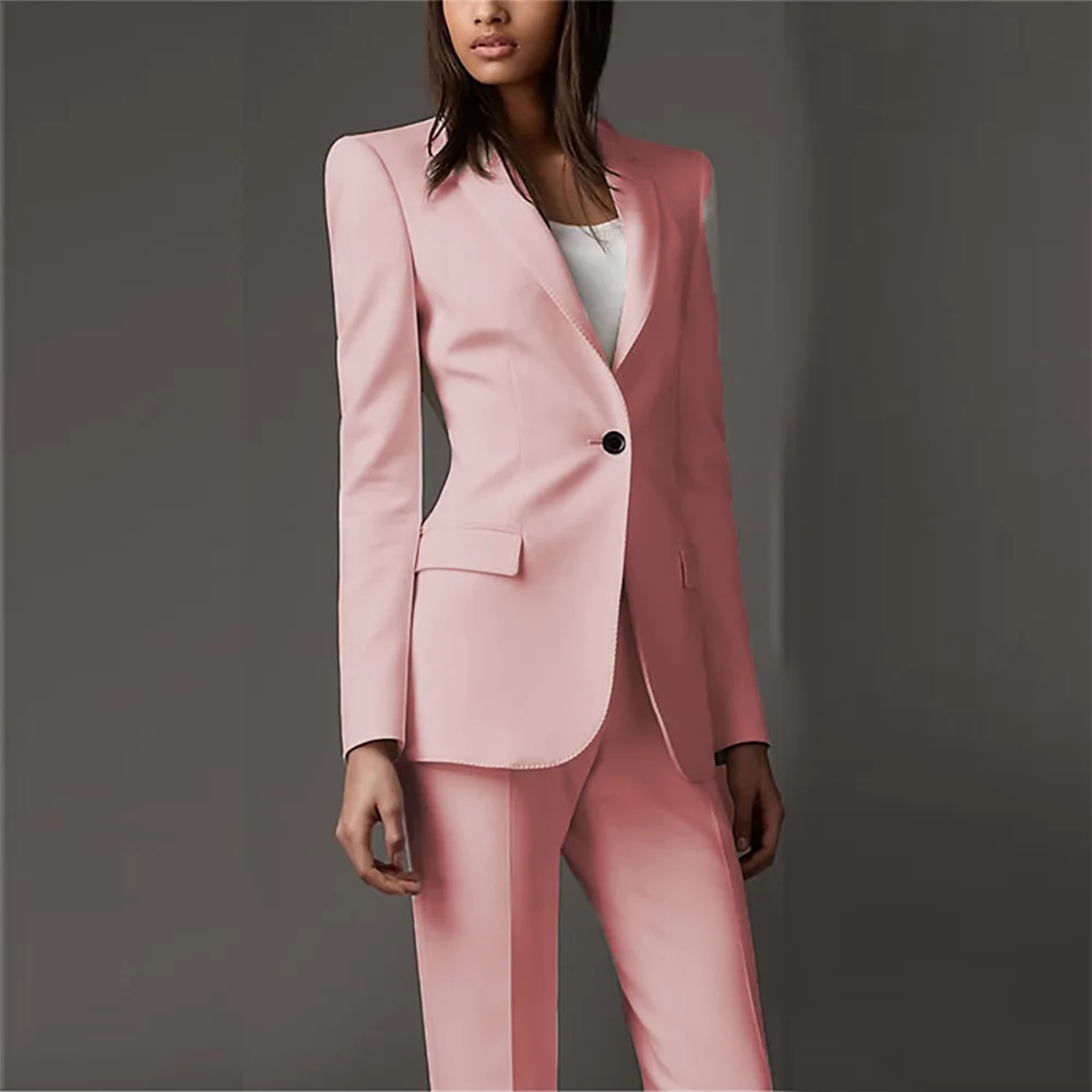 Pink Women Business Solid Color Pants Suits Formal Office Ladies 2 Pieces  Set Female Slim Fit Fashion Single Buttons Custom Made