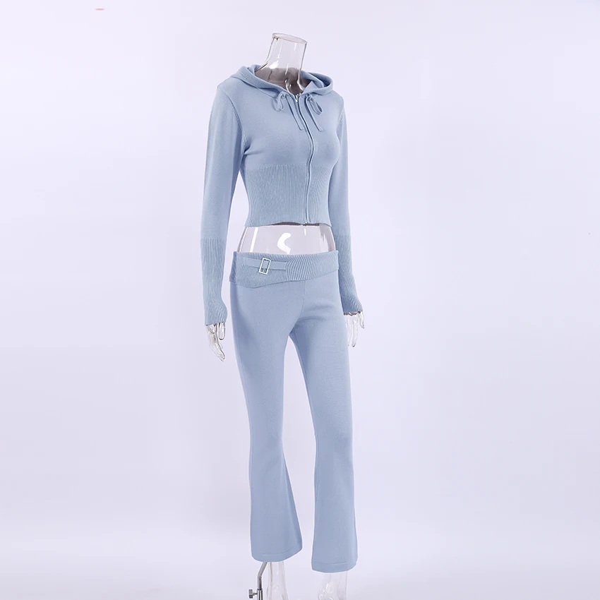 Knit Hoodie And Pants Sets Women Outfits Low Waist Knitted Cropped Top Sweat Leggings Women Two Piece Set Tracksuit New