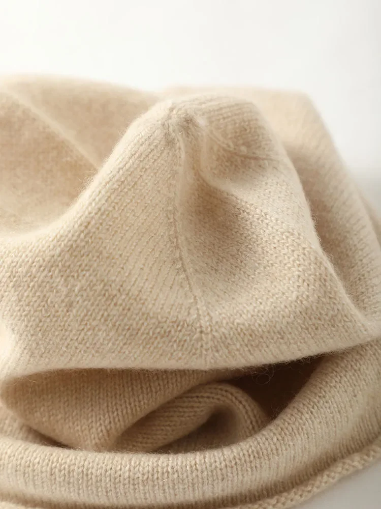 Women 100% Pure Cashmere Beanies Solid Caps Rolled Hem Hat Casual Basic Soft Autumn Winter Real Cashmere Warm Sleep Hair Bonnet 4