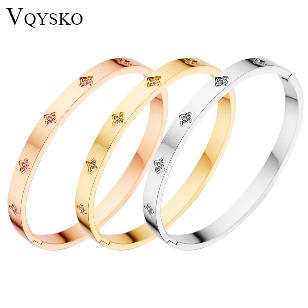 VQYSKO 럭키 네잎 잔디 지르콘 팔찌, 럭셔리 디자인, 로즈 컬러, 스테인레..