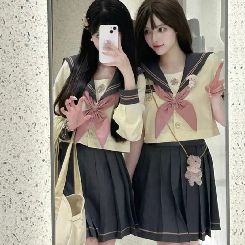 Summer Original Sailor Uniform Jk Uniform Japanese Sweet Cherry Blossom Embroidery Student School Suit Pink Bow