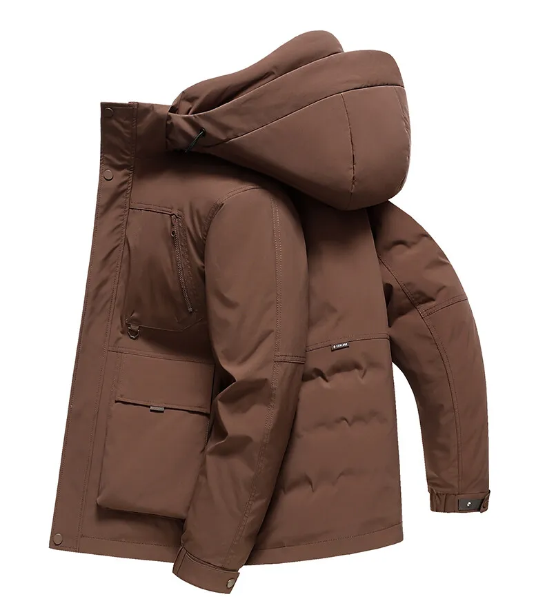 Lässige warme Entendaunenjacken mit Kapuze für Herren, Winter-Outwear, solide, verdickte Puffermantel, winddicht, gepolstertes Oberteil, Kleidung, Hut, abnehmbar – Detail 14