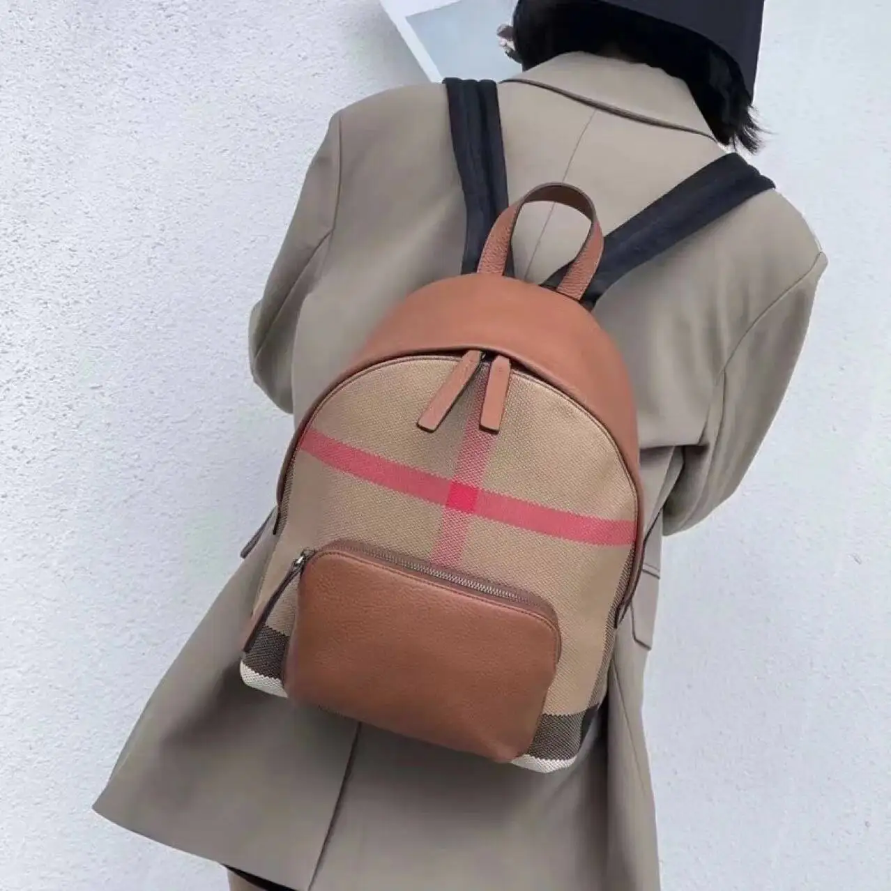 Double Zipper Design Fashionable Canvas+Cowhide Backpack Canvas Backpack For Women Trendy 2025 New Plaid Brown Women's Bag 2