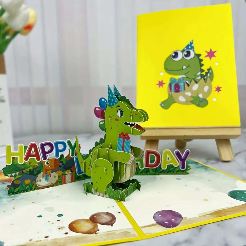 1 Stück 3D Pop-up Geburtstagskarte Cartoon Niedliche Dinosaurier-Karten Feiertagsgruß Papier-Schnitzkunst Geschenk – Detail 3