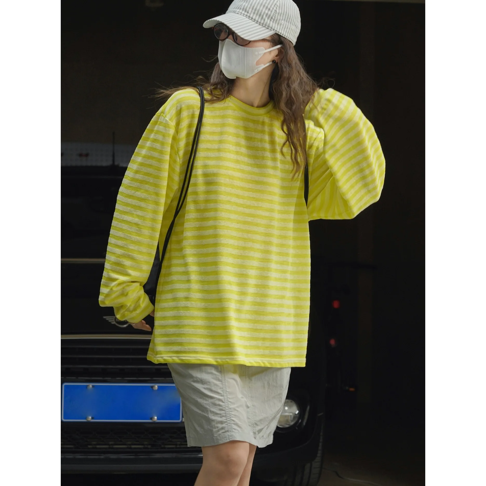 

Summer Simple Basic Sunscreen Stripe T-shirt Air Conditioned Shirt Cool and Breathable Loose Top