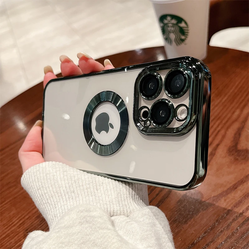 Luxury Cutout Reveal Logo With Lens Protector Clear Case for iPhone 13 12 11 Pro Max XR XS X 7 8 Plus Transparent Silicone Cover