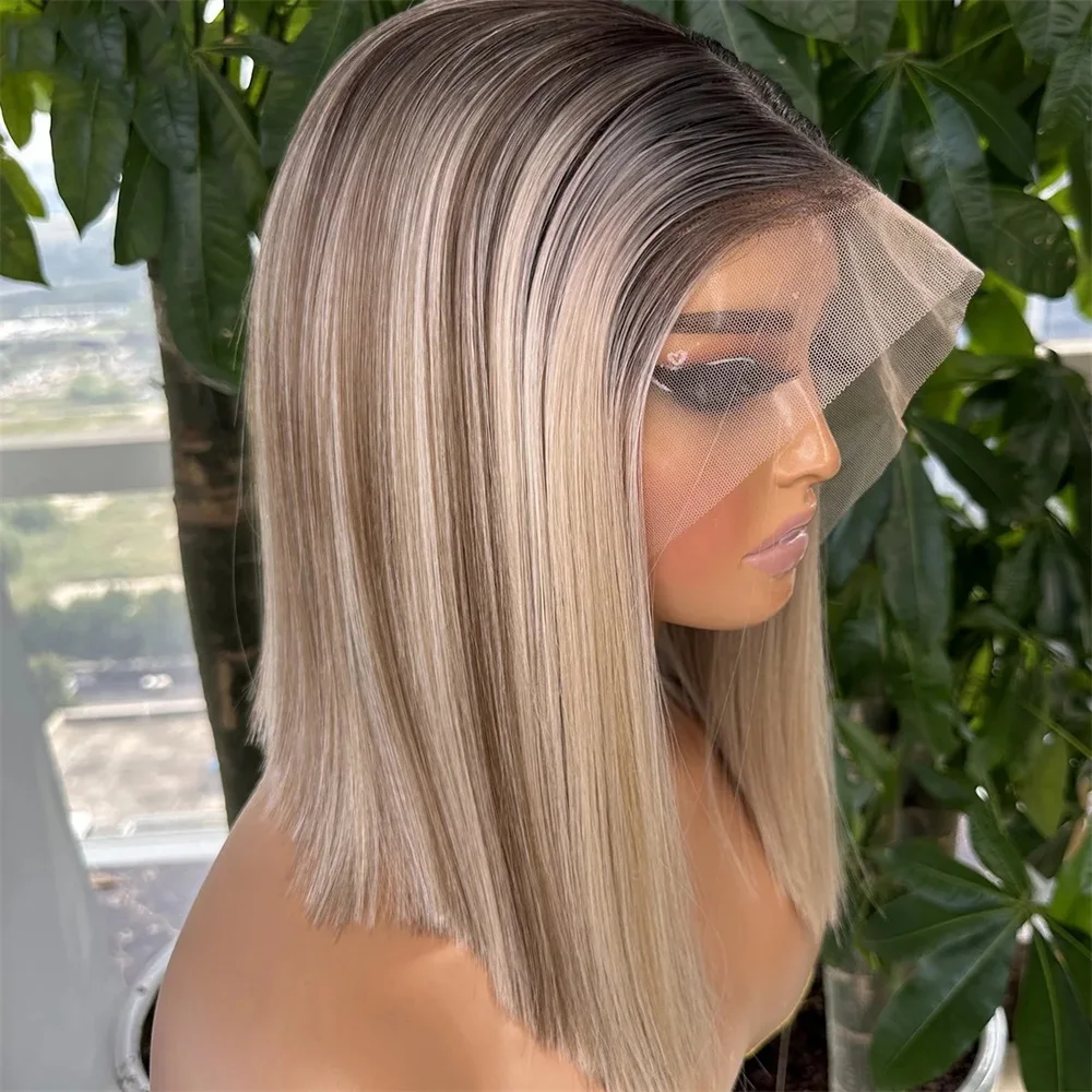 Heat Resistant Fiber Synthetic Short Wig Ash Blonde Colored Silky Straight Wig with Dark Roots Lace Front Wigs for Women Daily