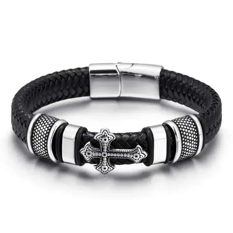 Men Fashion Classic Black Woven Leather Inlaid Cross Magnetic Hidden Safety Buckle Business Casual Bracelet