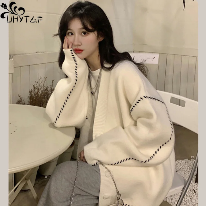 

UHYTGF Sweater Coat For Women New Autumn V-Neck Single-Breasted Long-Sleeved Loose Fashion Elegant Female Knitwear Cardigan Tops