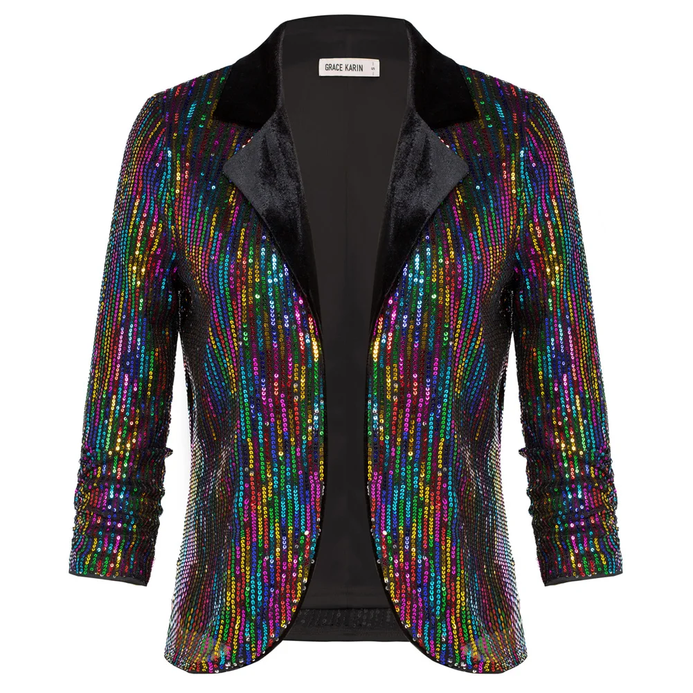 GK Women Sequined Party Blazer Coat 3/4 Sleeve Lapel Collar Open Front Coat Business Casual Blazer Jacket A30