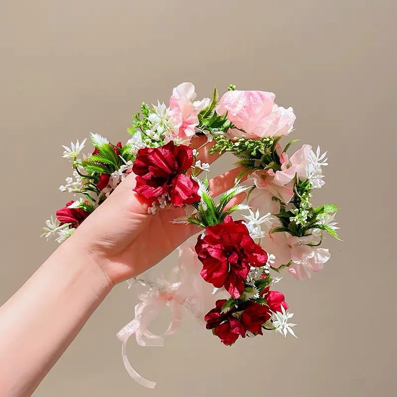 Summer Flower Crown for Women and Girls Beach Traveling Hair Accessories Floral Headbands Super Fairy Ribbon Hairbands Tiaras