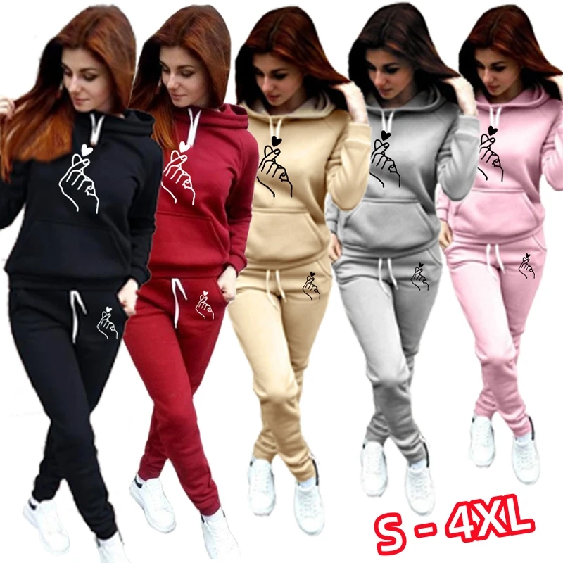 Hot Womens Fashionable loving Print Hoodie and Sweatpant 2pieces Set Autumn Winter Sports Suit autumn and winter leisure fashion hoodie set sports set pullover athletic track and field wear hoodie pants 2 piece set