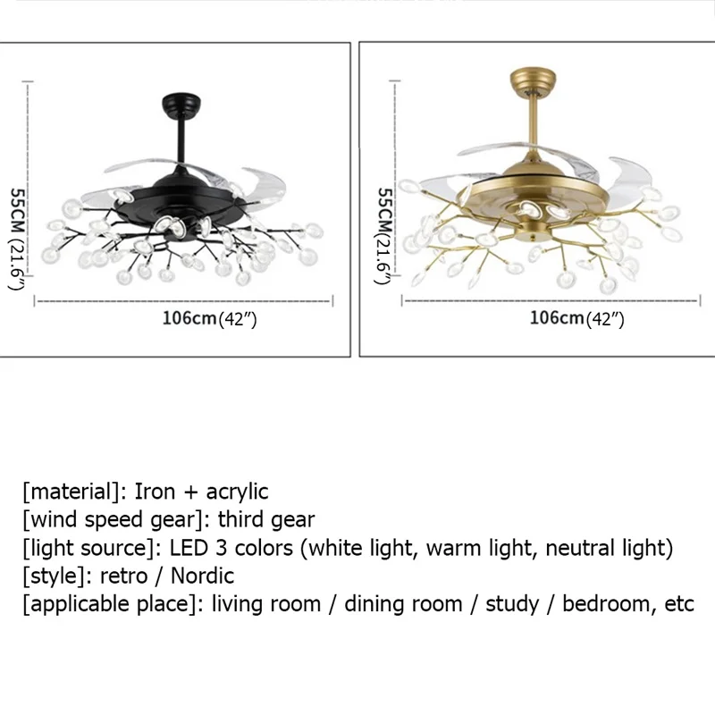 APRIL New Ceiling Fan Light Invisible Lamp With Remote Control Modern Retro Branch LED For Home Restaurant