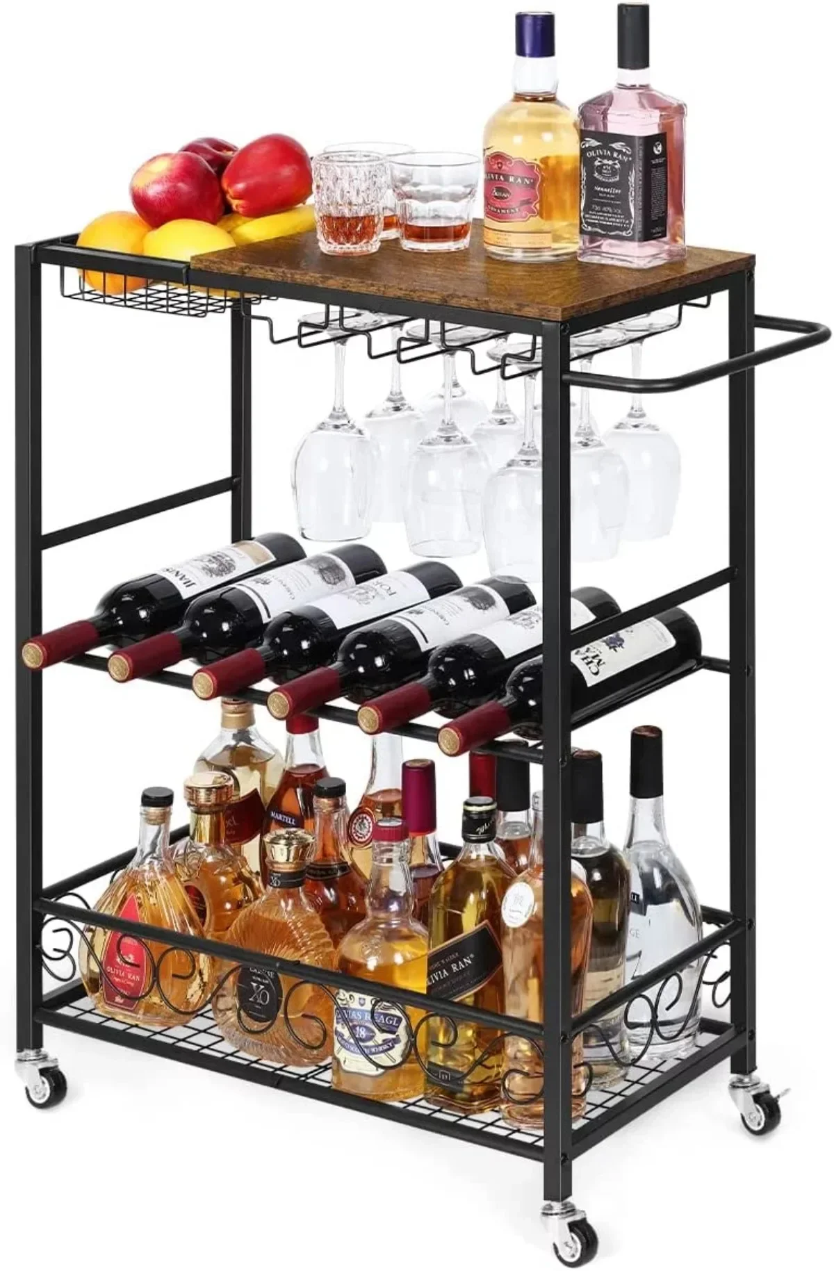 

3 Tier Bar Serving Wine Cart, Industrial Style Kitchen Serving Cart