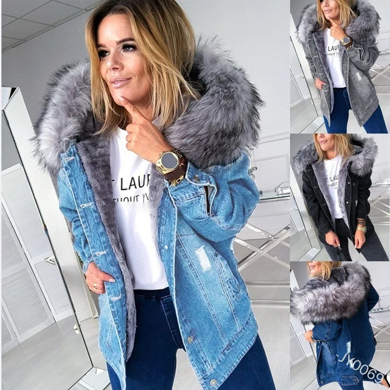 

Winter Outdoor Jacket Women Denim Coats Faux Hooded Jean Thick Long Sleeve Frayed Overcoat Outwear Vintage Cotton Female Coat