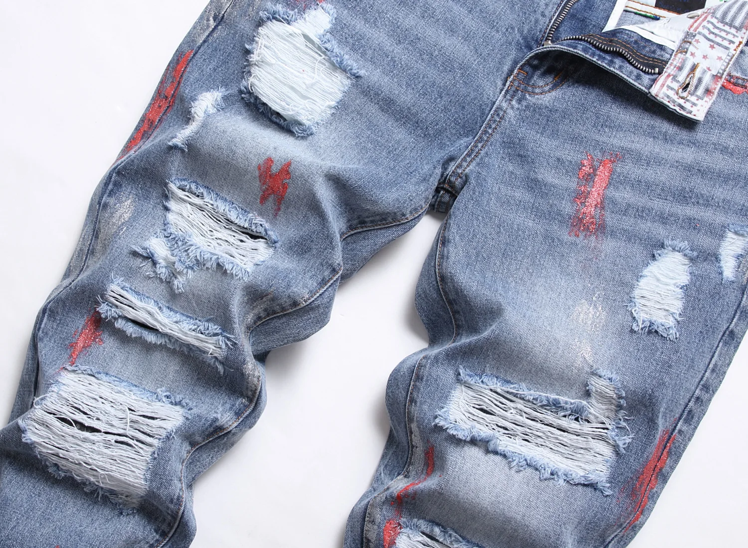 Europe and the United States paint slim-fit small straight leg jeans men hand-painted blue  feet long pants ripped 
