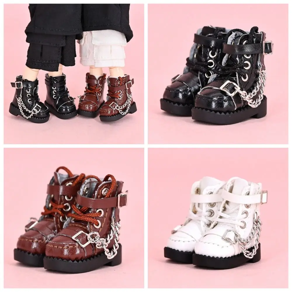 1 Pair High-top Obitsu 11 Doll Boots Metal Chain Mini 1/12 Bjd Doll Leather Shoes PU Leather High-heeled 1/12 Bjd Doll Boots