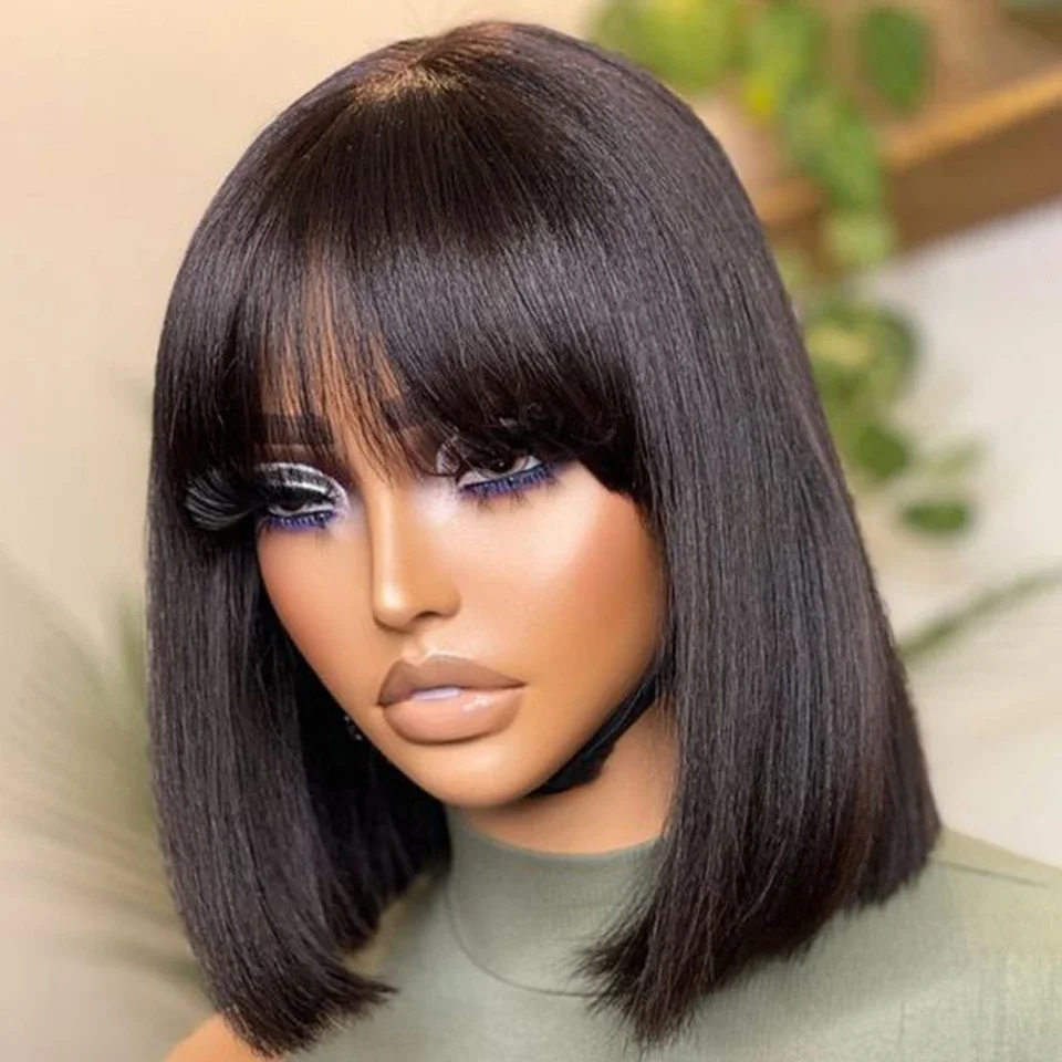 Short Bob Human Hair Wigs With Bang 13x4 Straight Transparent Lace Front Wig Geeta 4x4 Pre Plucked Lace Closure Wigs For Women