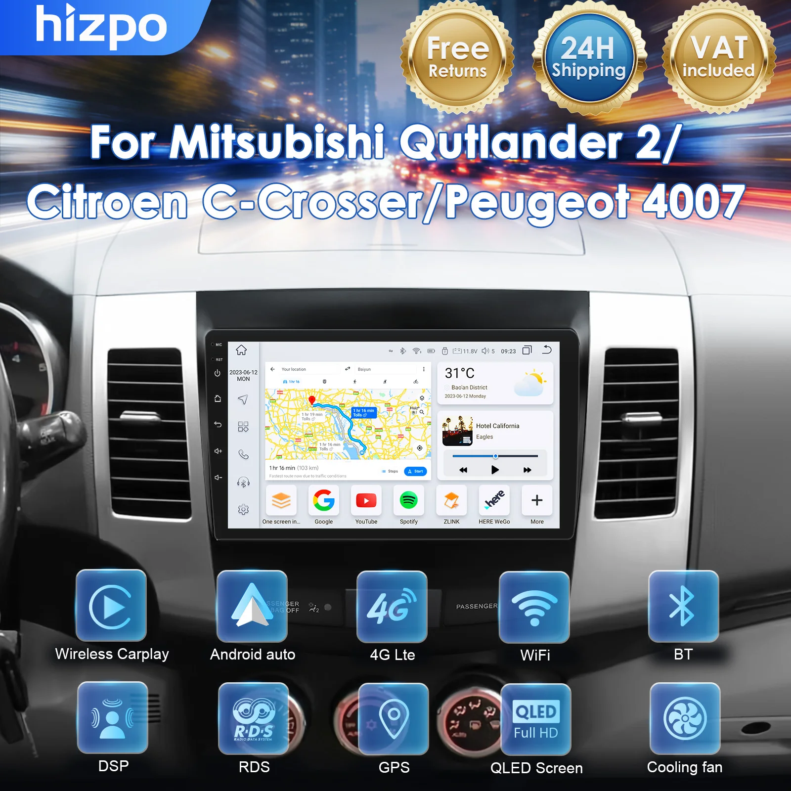 Radio Multimedia para Auto Hizpo 2 Din Android 14 para Mitsubishi Outlander 2 2005-2012, Reproductor con Carplay, Android Auto, GPS, Cámara de Visión 360, DSP y WiFi 1