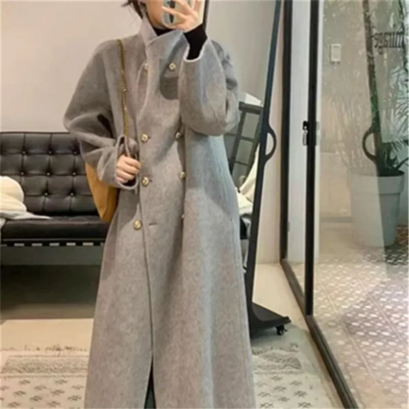 

2023 High-end Temperament Gray Cashmere Long Double-sided Woolen Coat Women's Autumn and Winter Thick Woolen Coat