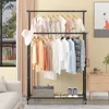 Double-Rod Clothes Rack Clothes Rack With Hooks Hanging Clothe Organizer For Bedroom Movable Bedroom Clothing Hanger With Wheels 4